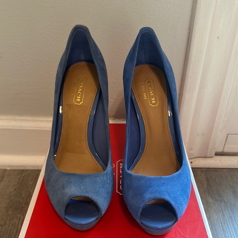 Coach Selma Kid Suede Bright Chambray Peep Toe Heels. New/Never worn with box.